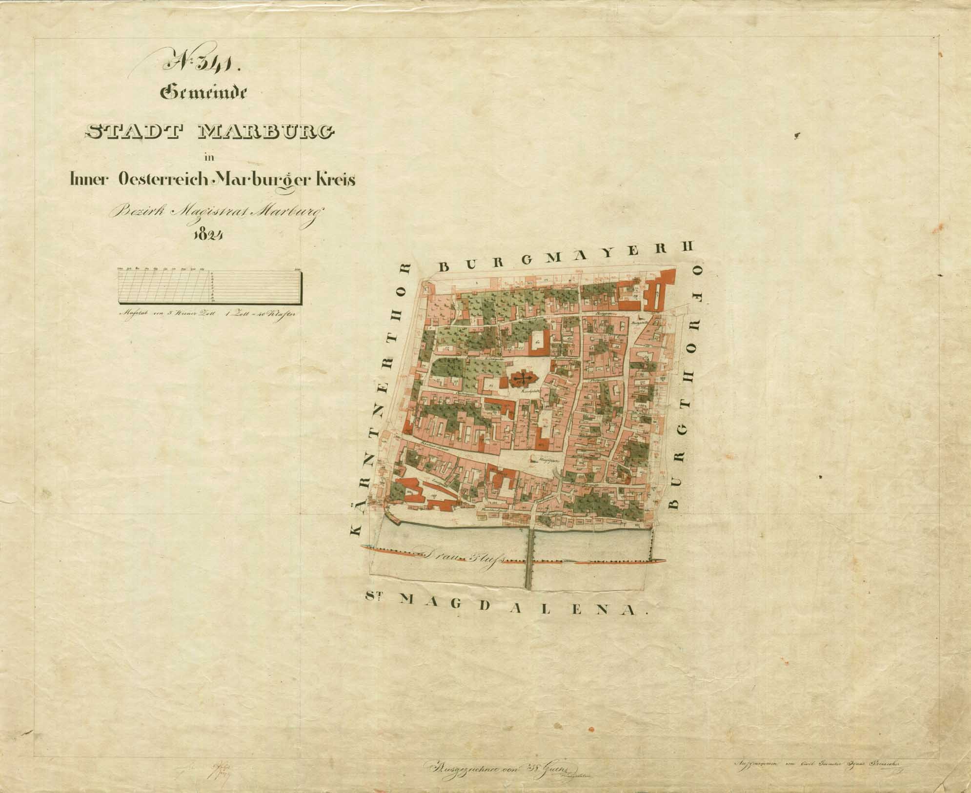 Detailierte alte Stadtplan von Marburg mit Straße, Gebäude, Landmarken und Text mit zusätzlicher Stadtinformation.