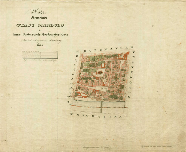 Detailierte alte Stadtplan von Marburg mit Straße, Gebäude, Landmarken und Text mit zusätzlicher Stadtinformation.