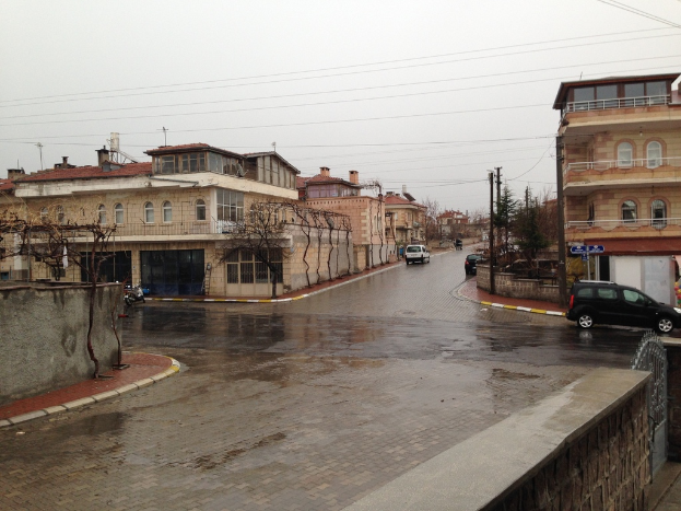 Eine Stadtansicht mit Kraftfahrzeugen auf Straßen, Gebäuden, Bäumen, Strommasten, Zäunen und Himmel.