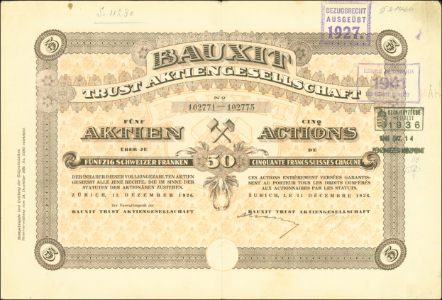 Alte deutsche Banknote mit Porträt eines Mannes, Text 'Bauxit Trust Aktiengesellschaft' und Stempel auf der rechten Seite.