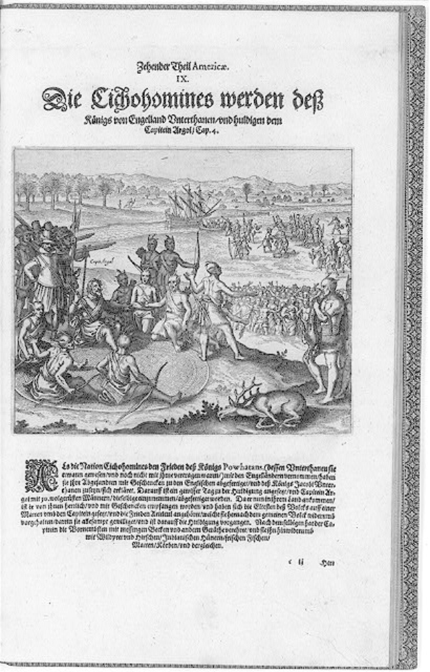 Ein altes Buch mit einer Schwarz-Weiß-Zeichnung von verzweifelten Menschen, betitelt "Das Ende des Reichs", vor einer kargen Landschaft mit fernen Bäumen und Bergen.