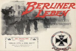 Altes Buchcover mit dem Titel "Berliner Leben", das eine Gruppe von Menschen in einer feierlichen Umgebung und ein deutsches militärisches Logo zeigt.