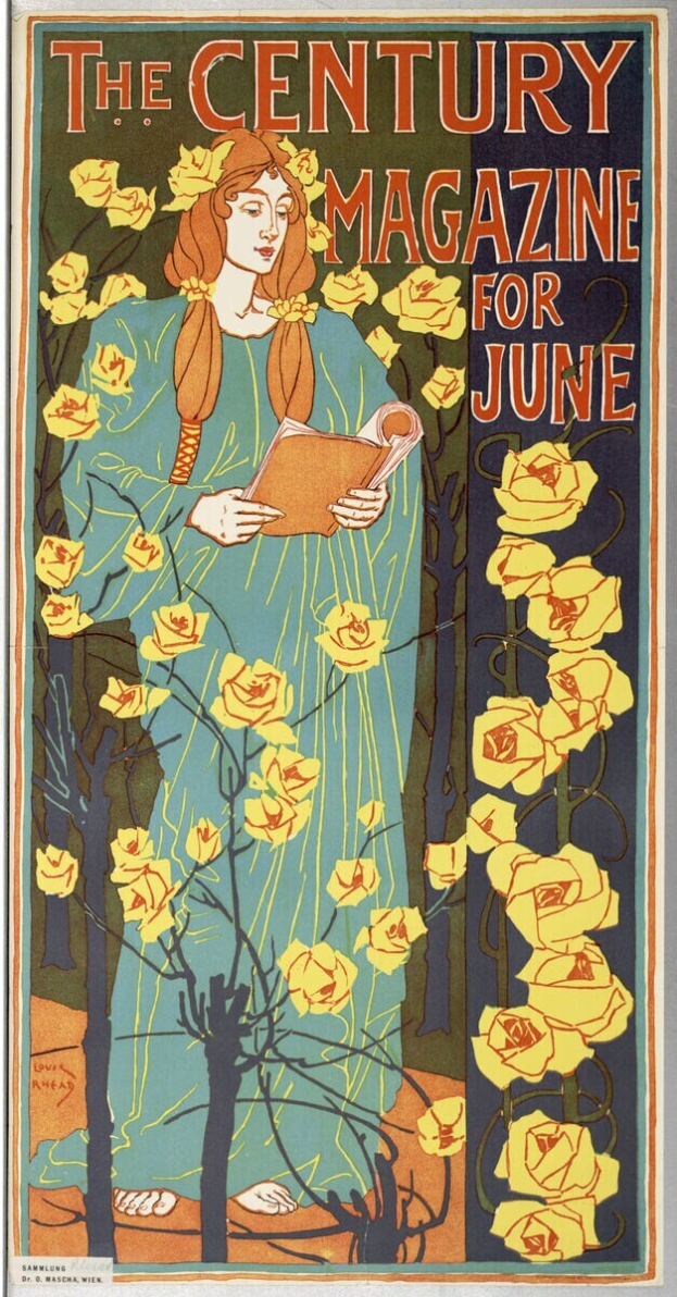 Eine Frau in einem weißen Kleid und einem blauen Schal hält ein Buch, umgeben von grünen Bäumen und blühenden Blumen, mit dem Text "The Century Magazine for June" deutlich oben.