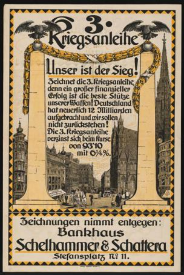 Ein gerahmtes Vintage-Propagandaplakat aus Deutschland für die 3. Reichsbanleihe, das eine Stadtansicht mit Gebäuden, Menschen und Text zeigt.