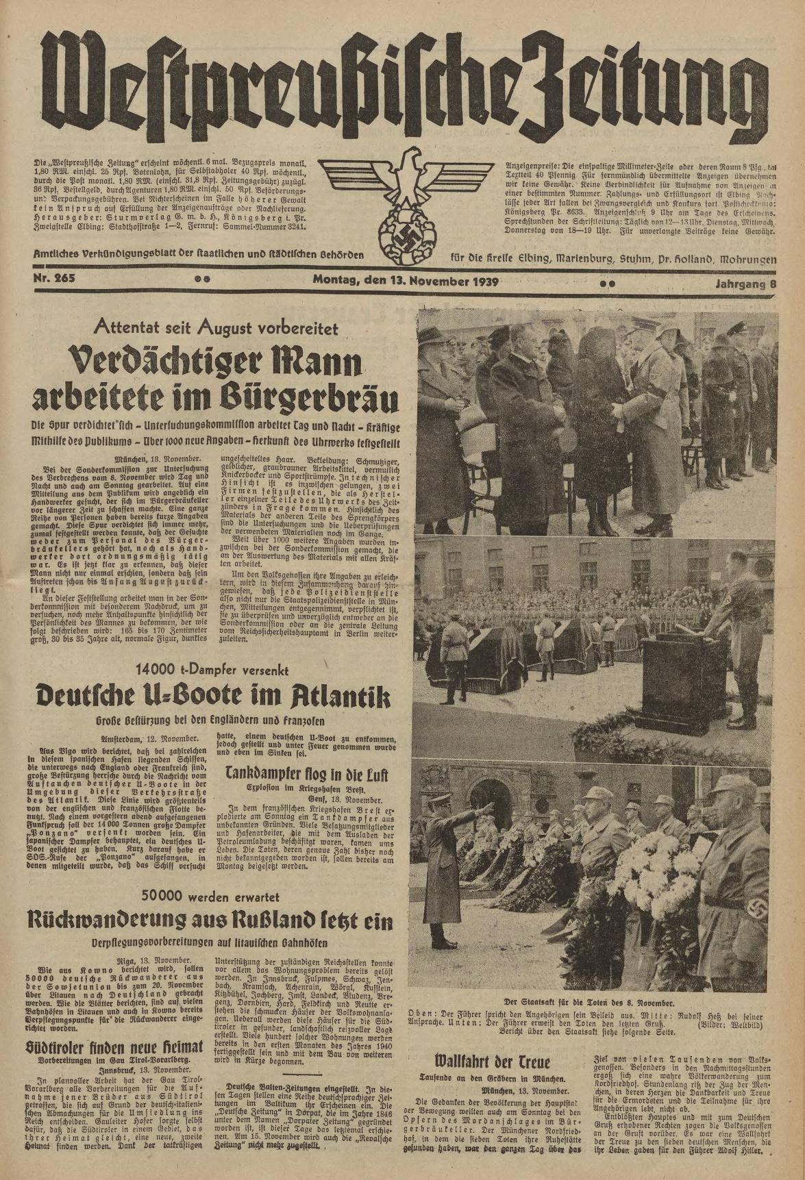Schwarze und weiße Titelseite einer deutschen Zeitung vom 13. November 1939, betitelt "Weitpreubliche Zeitung", mit einer Gruppe von Menschen in traditioneller deutscher Kleidung in einer feierlichen Szenerie.