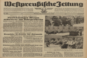 Schwarze und weiße Titelseite einer deutschen Zeitung vom 13. November 1939, betitelt "Weitpreubliche Zeitung", mit einer Gruppe von Menschen in traditioneller deutscher Kleidung in einer feierlichen Szenerie.