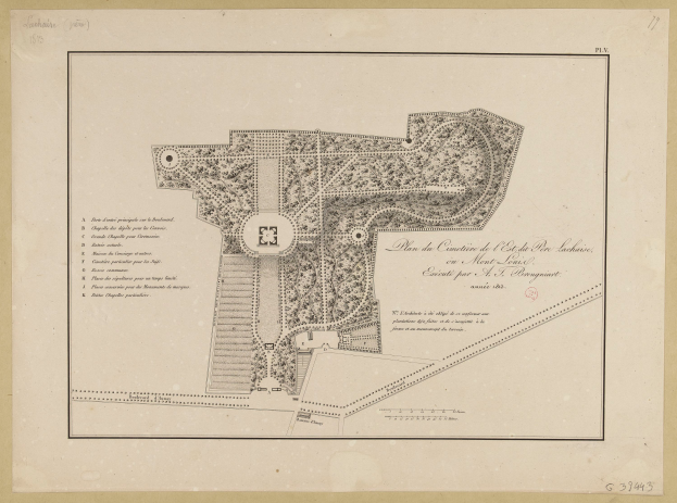 Ein detaillierter Parkplan auf Papier, der Wege, Bäume und andere Merkmale zeigt, mit begleitendem Text, der die Größe, Lage und Annehmlichkeiten des Parks beschreibt.