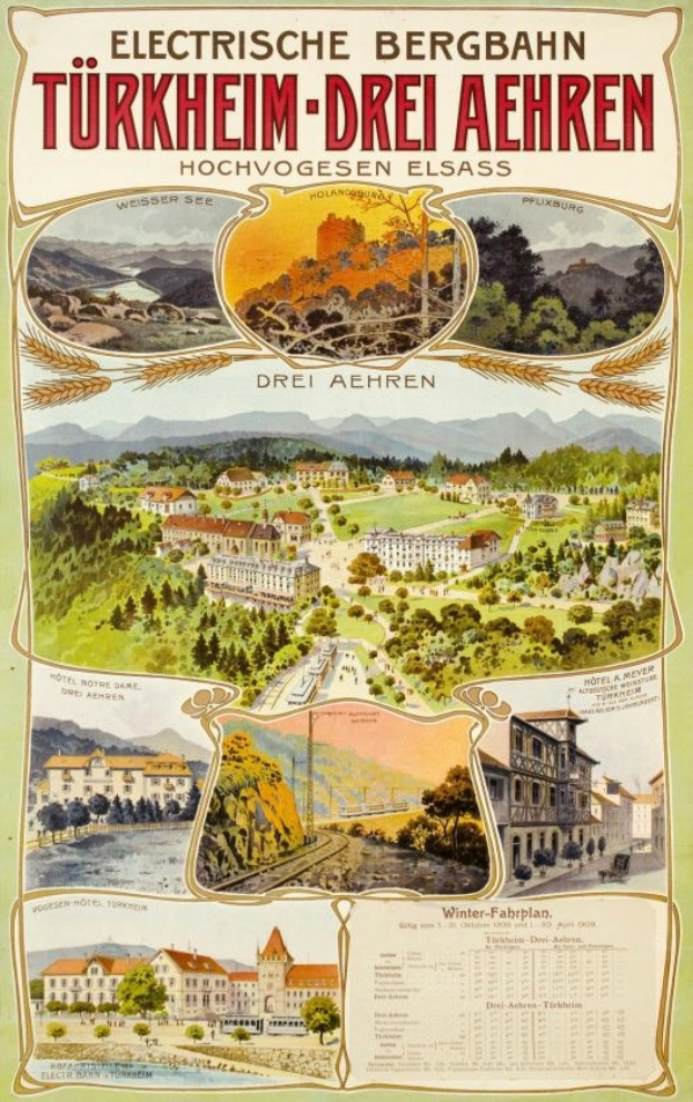 Plakat wirbt für Bergbahn, Deutschland als elektrisches Stadt, zeigt Bilder von Gebäuden, Bäumen, Hügeln und beschreibenden Text.