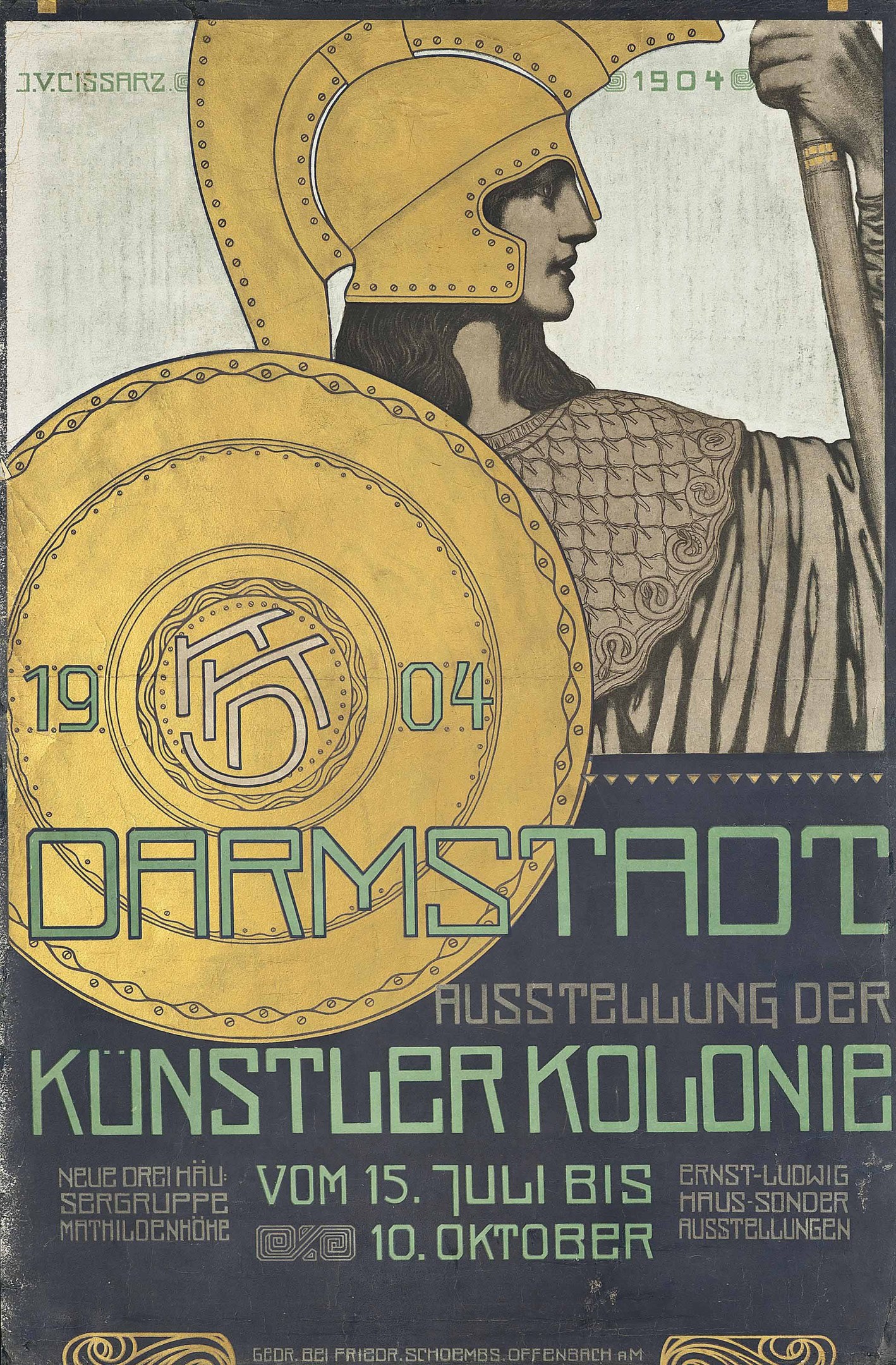 Plakat f├╝r ein 1904er Berlin-Konzert mit einem Helmtr├Ąger, der ein Schild h├Ąlt, und «Darmstadt» und «K├╝nstler Kolonie» in fetter Schrift.