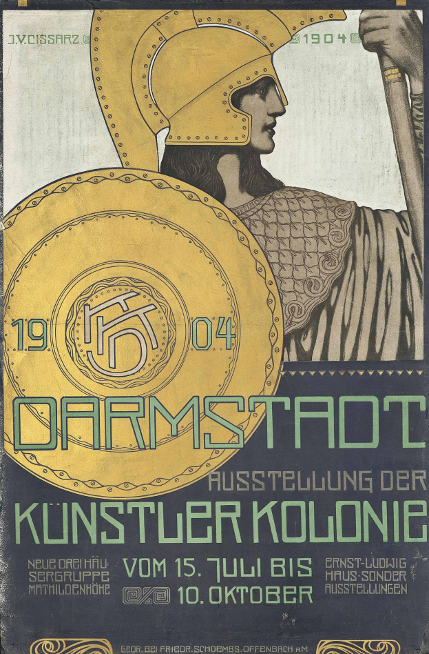 Plakat f├╝r ein 1904er Berlin-Konzert mit einem Helmtr├Ąger, der ein Schild h├Ąlt, und «Darmstadt» und «K├╝nstler Kolonie» in fetter Schrift.