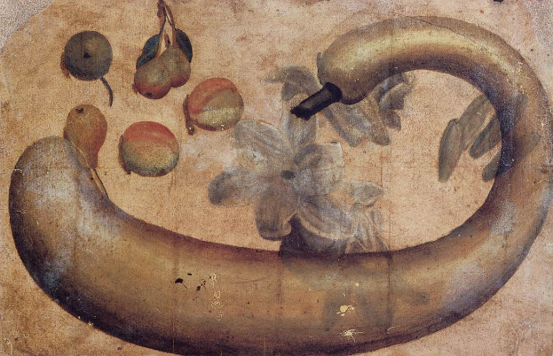 Gemälde einer Banane mit einer Blume darauf, umgeben von verschiedenen Früchten und Blättern auf Papier, mit leuchtenden Farben und deutlichen Details.