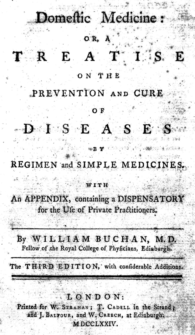 Ein altes, abgenutztes Buch mit dem Titel "Domestic Medicine or a Treatise on the Prevention and Cure of Diseases" in fetter schwarzer Schrift auf einem weißen Cover, eingerahmt von einem schmalen schwarzen Rand.