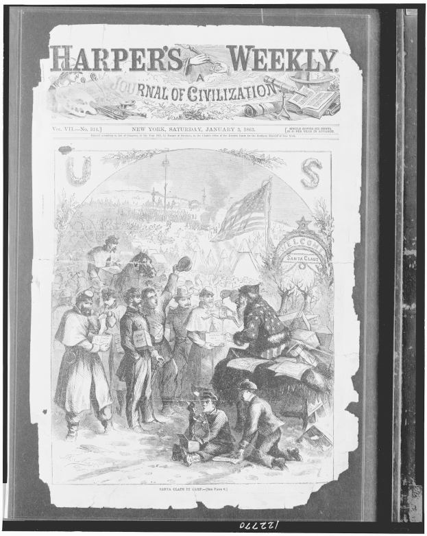 Schwarzes und weißes Bild von Menschen, die um eine Zeitung mit der überschrift "Harper's Weekly Journal of Civilization" versammelt sind und sich unterhalten und die Zeitung untersuchen.