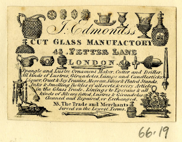 Anzeige für eine Glasfabrik in London, England, mit Text und Bildern von Glasobjekten und Fertigungswerkzeugen.