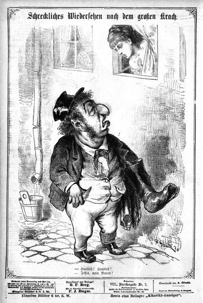 Cartoon-Illustration eines Mannes mit Zylinder und einer Frau in einem Kleid, mit einer Wand, einem Fenster, einem Eimer und anderen Gegenständen im Hintergrund, begleitet von einem Text unten, der "F. J. Singer, der erste deutsche Politiker, der in den Kongress gewählt wurde" lautet.