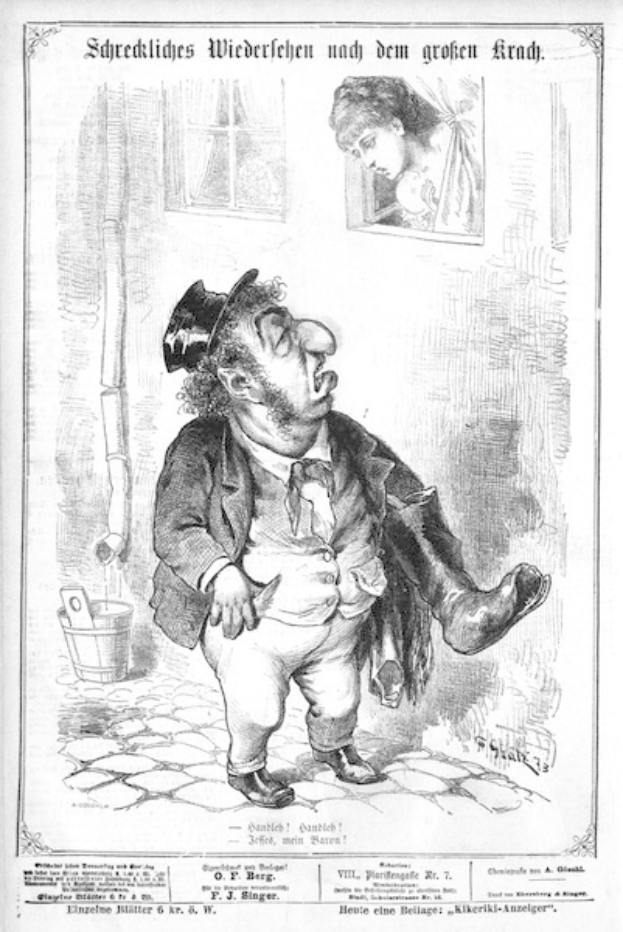 Cartoon-Illustration eines Mannes mit Zylinder und einer Frau in einem Kleid, mit einer Wand, einem Fenster, einem Eimer und anderen Gegenständen im Hintergrund, begleitet von einem Text unten, der "F. J. Singer, der erste deutsche Politiker, der in den Kongress gewählt wurde" lautet.