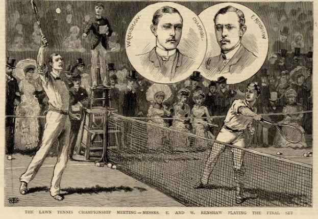 Schwarze und weiße Zeichnung von zwei Männern beim Tennisspielen in einem Finalset, mit Zuschauern im Hintergrund und Text unten mit der Aufschrift "The Lawn Tennis Championship Meeting - Messers, E und W Renshaw Playing the Final Set".