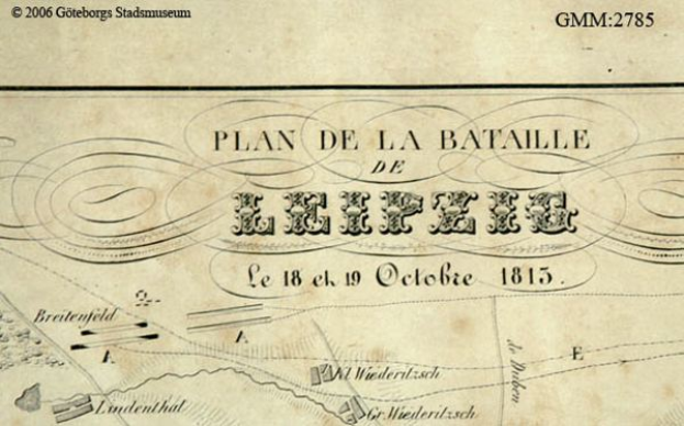 Ein detaillierter alter Plan der Schlacht von Leipzig, der verschiedene Kämpfe zeigt und mit Texten über das Datum, die Uhrzeit und den Ort versehen ist.