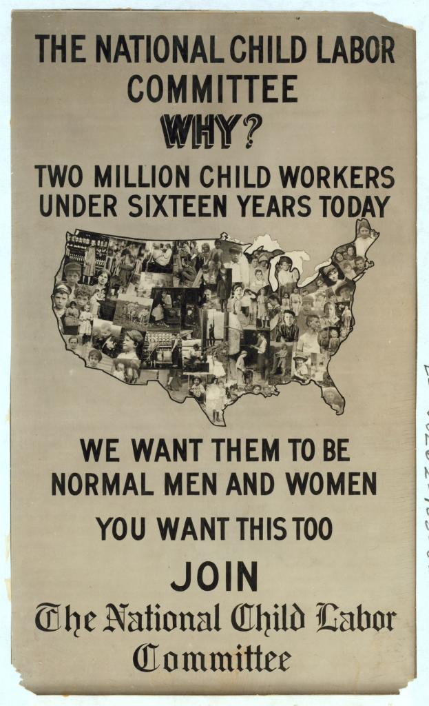 Plakat mit der Aufschrift "Das Nationale Komitee zur Bekämpfung der Kinderarbeit: Warum? Zweieinhalb Millionen Kinderarbeiter unter sechzehn Jahren heute" mit einer Karte der USA und Illustrationen von Komitee-Mitgliedern.