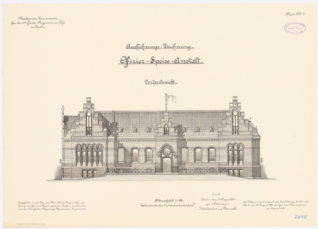 Eine Zeichnung des Hauptsaals des Deutschen Parlaments in Berlin mit einer Flagge oben drauf und begleitendem Text auf Papier.
