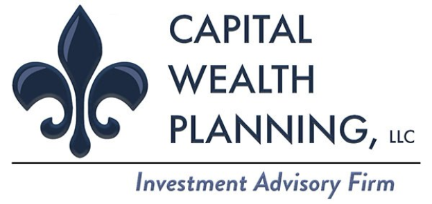 Logo der Capital Wealth Planning, LLC: ein blauer Kreis mit weißer Umrandung und mittigem 'C', umgeben von einem weißen Ring mit blauer Schrift 'Capital Wealth Planning' und weißer Schrift 'Investment Advisory Firm' darunter.