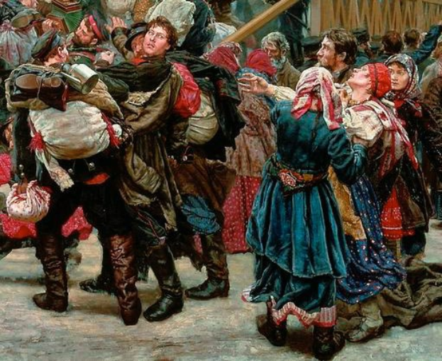 Gemälde, das eine lebhafte Gruppe von Menschen in traditioneller russischer Kleidung zeigt, die Gegenstände halten und vor einem Publikum tanzen, mit einem hölzernen Haus im Hintergrund, das an eine Szene aus der russischen Revolution erinnert.