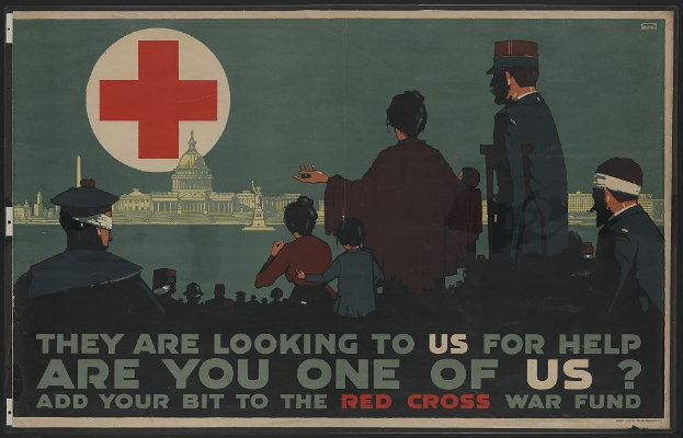 Plakat mit einer Gruppe von Menschen vor einem Gebäude mit einem roten Kreuz, auf dem die Zuschauer zur Spende für den Roten Kreuz-Kriegsfonds aufgerufen werden.
