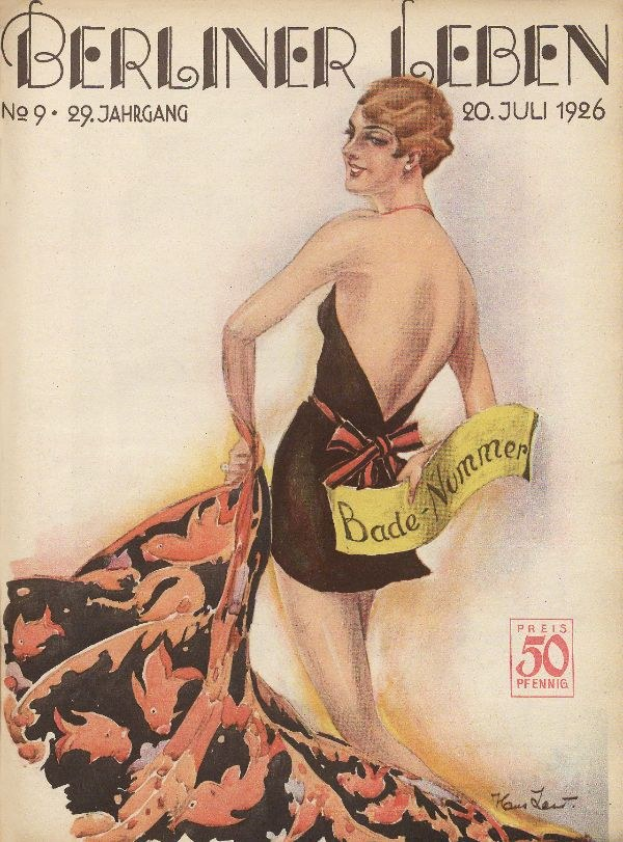 Titelbild der Berliner Leben Zeitschrift aus Juni 1926 mit einer Frau in einem Badeanzug, die ein Tuch hält, und dem Zeitschriften-Titel darüber