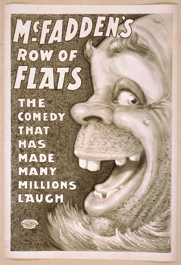 Plakat mit einem lachenden Menschen mit wilden Haaren vor einem gelben Hintergrund, Text lautet "McFadden's Row of Flats: The Comedy That Has Made Many Millions Laugh".