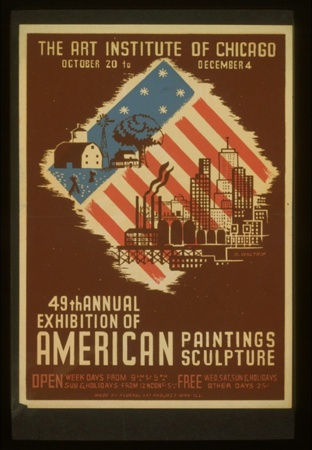 Plakat für die 49. Jahresausstellung von amerikanischen Malereien und Skulpturen des Art Institute of Chicago, das Text und bildliche Darstellungen zur Ausstellung zeigt.