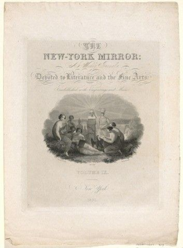 Zeitungsüberschrift 'The New York Mirror: Devoted to Literature and the Fine Arts' mit einem dekorativen Rahmen, mit einer Gruppe von Menschen in traditioneller Kleidung, die den Text bewundern, vor einem hellblauen Hintergrund.