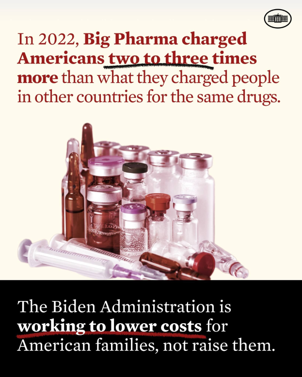Plakat mit Text, der besagt, dass Big Pharma 2022 Amerikaner zwei bis drei Mal mehr für dieselben Medikamente berechnet hat, neben Medikamentenflaschen und einer Spritze.