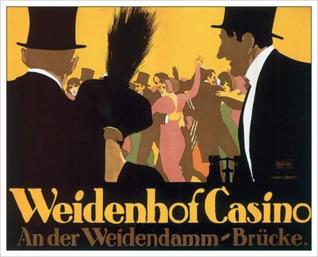 Ein Plakat wirbt für das Weidenhof Casino in Brücke, Deutschland, mit einer farbenfrohen Illustration von tanzenden und feiernden Menschen, wobei der Schriftzug 'Weidenhof' in fetter Schrift über das Bild verläuft und von einem schwarzen Rahmen umgeben ist.