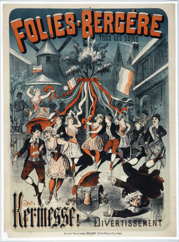 Plakat für das Folies Berg├Ęre-Festival in Paris, das tanzende Menschen im Vordergrund und Geb├Ąude, B├Ąume und Flaggen im Hintergrund zeigt.