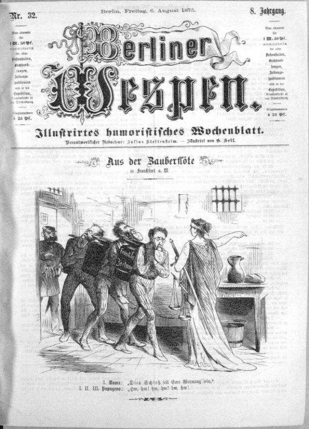 Schwarze und weiße Zeitung mit der Überschrift "Berliner Wespen, August 6, 1875" mit einer Gruppe von Menschen in Not, einige schauen ängstlich nach oben und andere verwirrt nach unten.