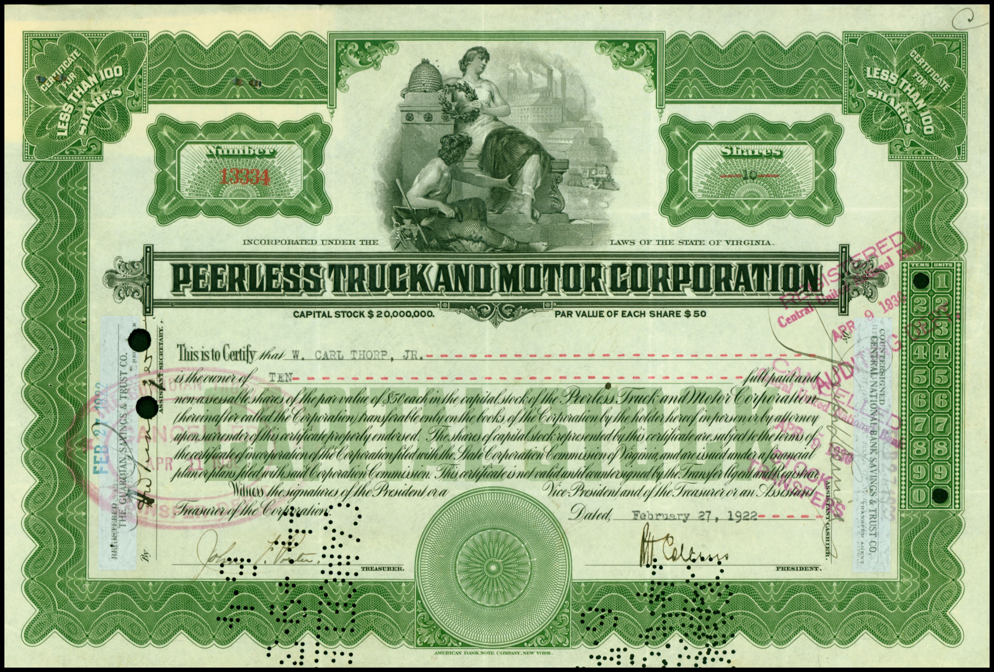 Schwarzes Aktienzertifikat für Peerless Truck & Motor Corporation mit zwei abgebildeten Personen und aufgedrucktem Unternehmensnamen.
