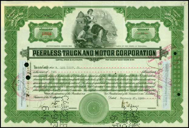 Schwarzes Aktienzertifikat für Peerless Truck & Motor Corporation mit zwei abgebildeten Personen und aufgedrucktem Unternehmensnamen.