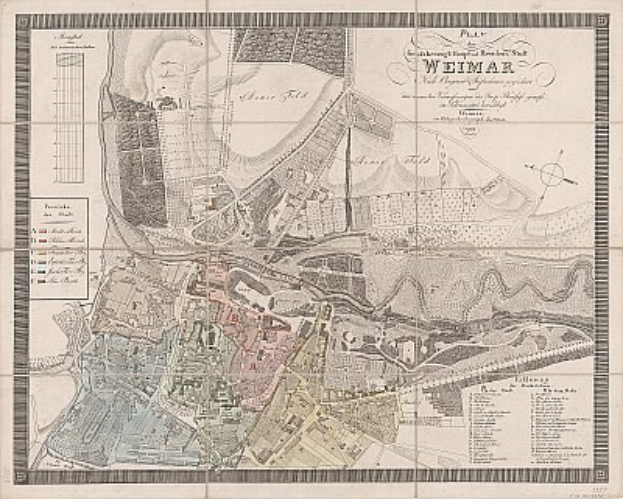 Detailierte alte Karte von Weimar, Deutschland, die Stra{\ss}en, Geb"{a}ude und Sehensw"{u}rdigkeiten zeigt, mit begleitendem Text "{u}ber die Bev"{o}lkerung und bemerkenswerte Merkmale.