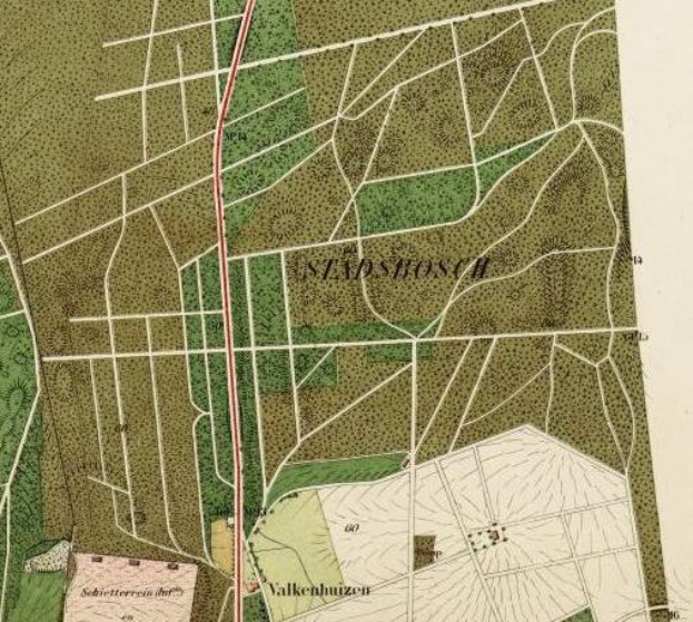 Ein detaillierter alter Stadtplan von Stadsbosch, Deutschland, der Straßen, Gebäude und Sehenswürdigkeiten zeigt, mit Text oben und unten.