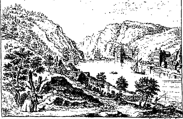 Schwarze und weiße Zeichnung einer Berglandschaft mit Bäumen, Gebäuden, Hügeln und Himmel, beschriftet mit "Der See Distrikt".