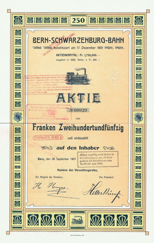 Alter deutscher Regierungsaktienchein für Bern-Schwarzenburg-Bahn mit einer Bahn-Illustration und gedrucktem Text.