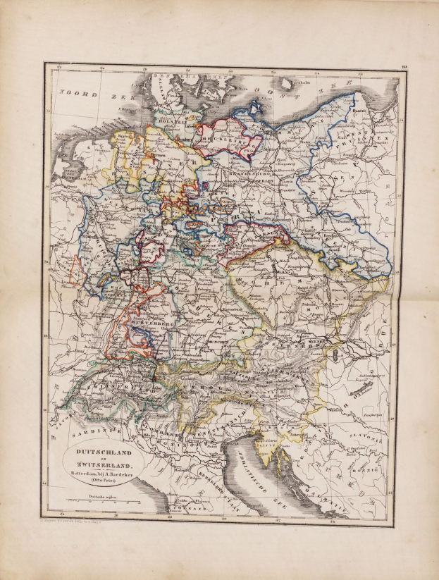 Ein altes Buch mit einer detaillierten Karte von Deutschland und den Niederlanden mit beschrifteten Städten, Dörfern und geografischen Merkmalen.
