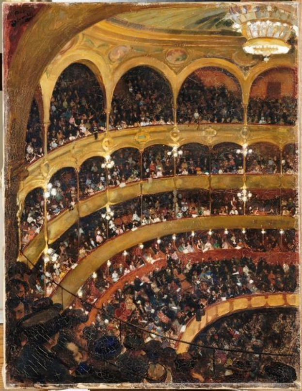 Gemälde mit dem Titel "Das Konzert" (1892), das einen großen Auditorium mit Menschen zeigt, beleuchtet von Kronleuchtern, mit Geländern und Säulen an den Wänden.