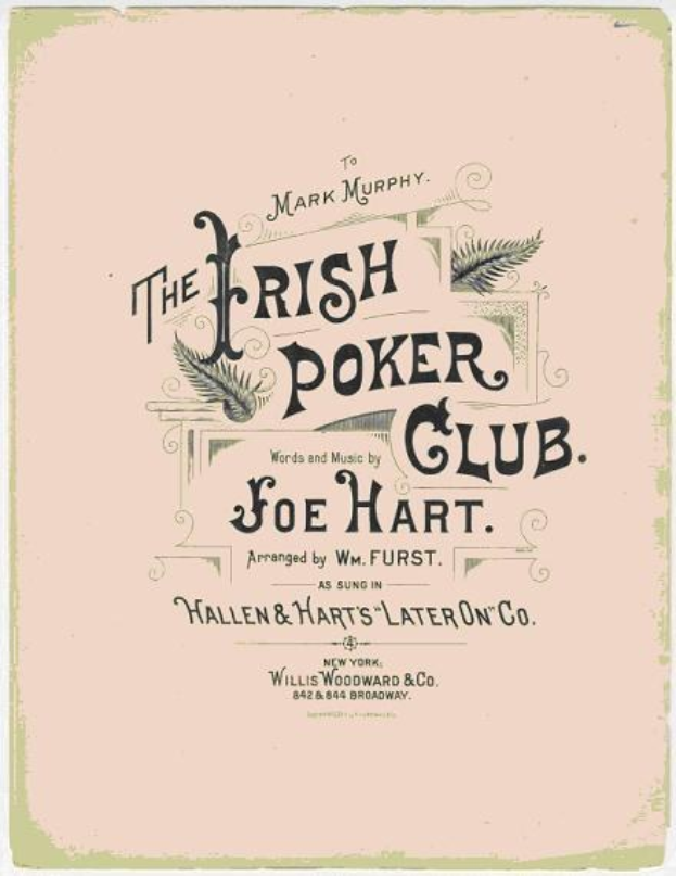 Plakat mit der Aufschrift "The Irish Poker Club" in schwarzer Schrift auf einem weißen Hintergrund, umrahmt von einem schmalen schwarzen Rand, mit einer bunten Kleeblatt-Illustration.