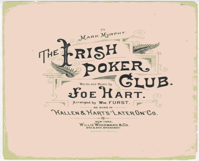 Plakat mit der Aufschrift "The Irish Poker Club" in schwarzer Schrift auf einem weißen Hintergrund, umrahmt von einem schmalen schwarzen Rand, mit einer bunten Kleeblatt-Illustration.