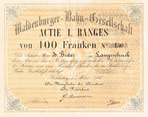 Alte deutsche Banknote mit einem Porträt eines Mannes und dem Text "Haldenburger-Balm Gesellschaft Actie 1 Ranges".