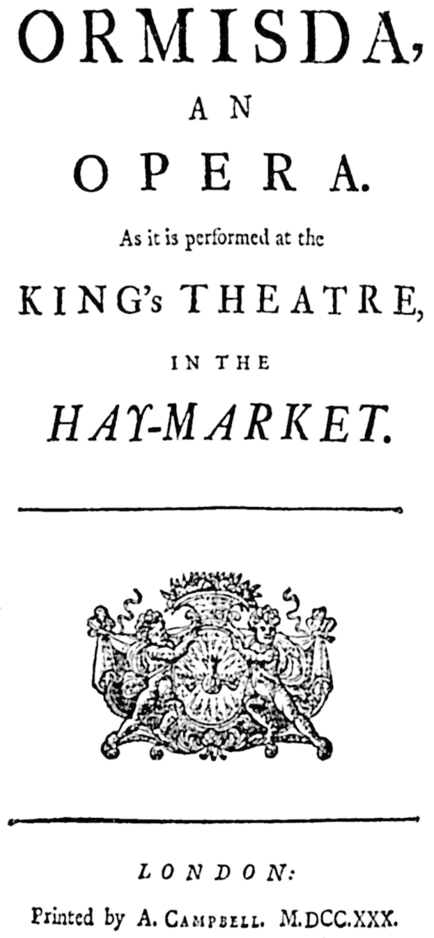 Plakat mit dem Text "ormisda, eine Oper wie sie im King's Theatre im Haymarket aufgeführt wird" und einem Logo unten.