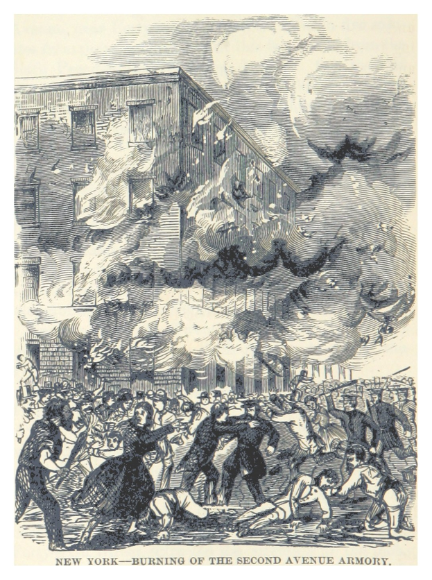 Plakat zeigt die brennende Second Avenue Armory in New York City mit einer Zuschauermenge und Text unten mit der Aufschrift "New York - Brand der Second Avenue Armory".