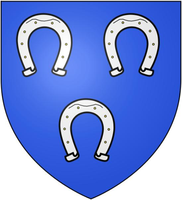 Ein blau-weißer Schild mit zwei Hufeisen, der das Wappen von Stuttgart darstellt, unterteilt in Abschnitte mit einer oberen blauen Hälfte mit Kreisen und Linien, einem mittleren rot-weiß karierten Muster und einer unteren weißen Hälfte mit einer schwarzen 'Stuttgart'-Aufschrift.