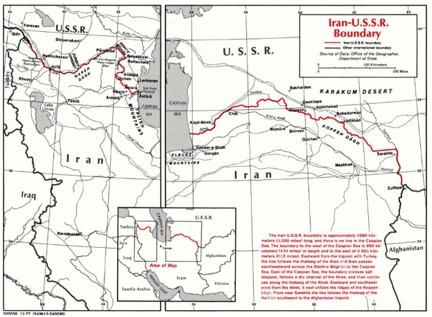 Detailierte Karte der iranisch-sowjetischen Grenze mit Textbeschreibungen von Ländern, Grenzen und geografischen Merkmalen.